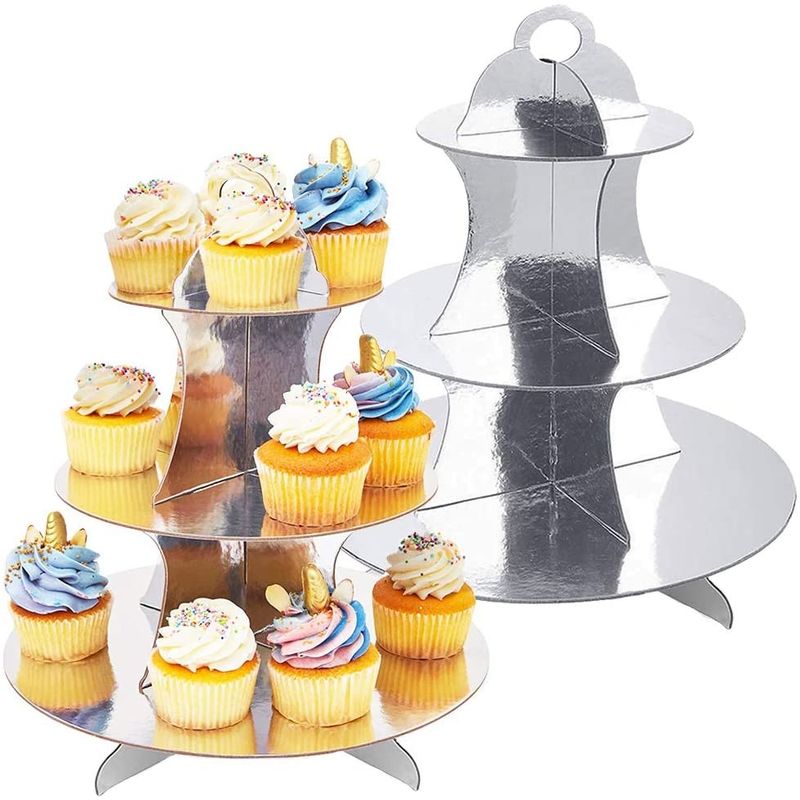 3 Tier Silver Dessert Round Tower Cardboard Cupcake Stand